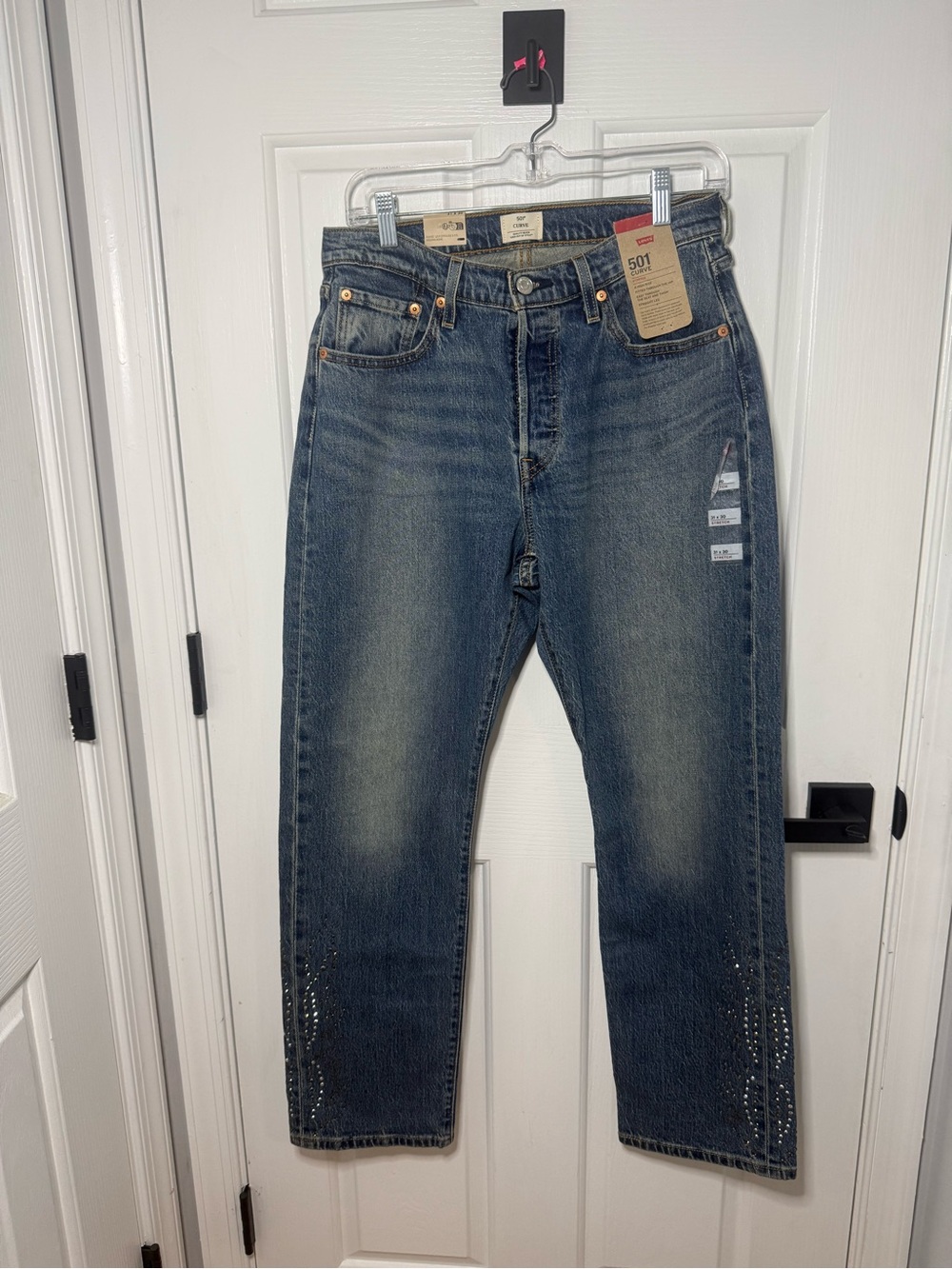 Levi's Relaxed 501 Jeans in Vintage Blue with rhinestone embellished legs
